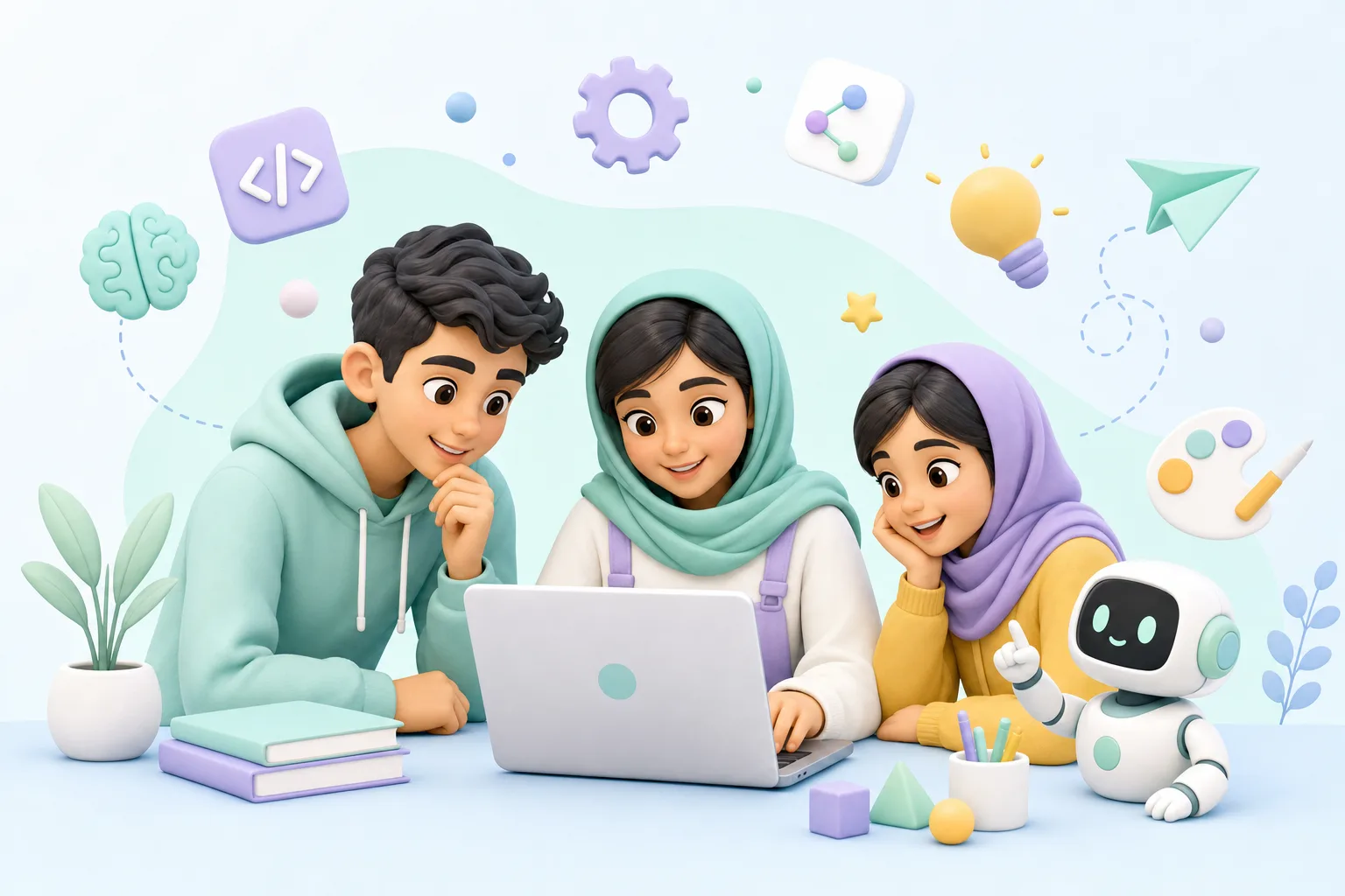 کودکان و نوجوانان در حال یادگیری فناوری با لپ‌تاپ و ربات آموزشی